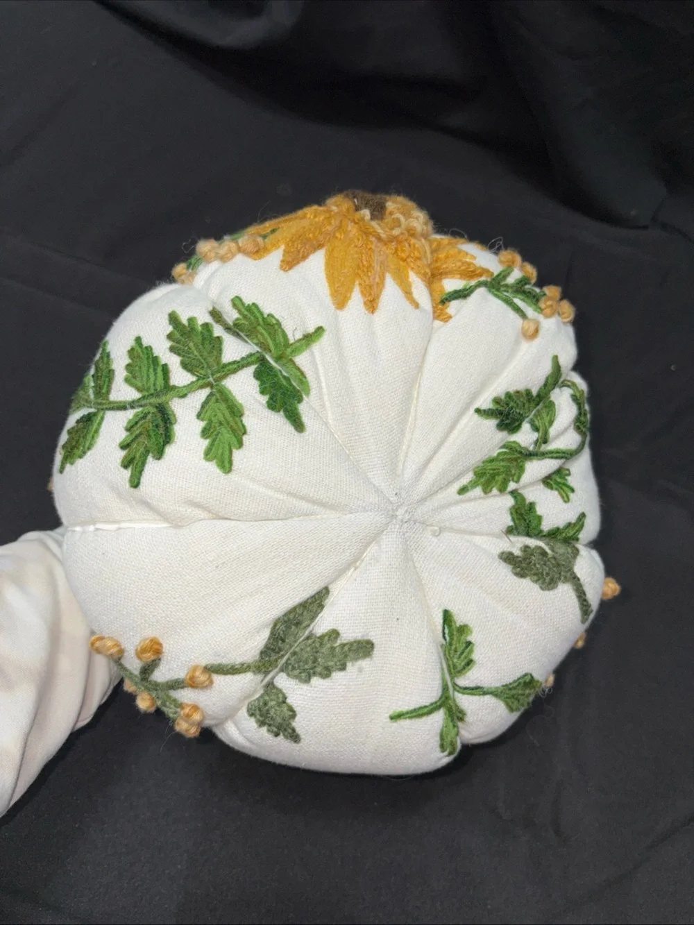 Source Unknown White Accent Pillow Pumpkin with Mustard Embroidered Flowers